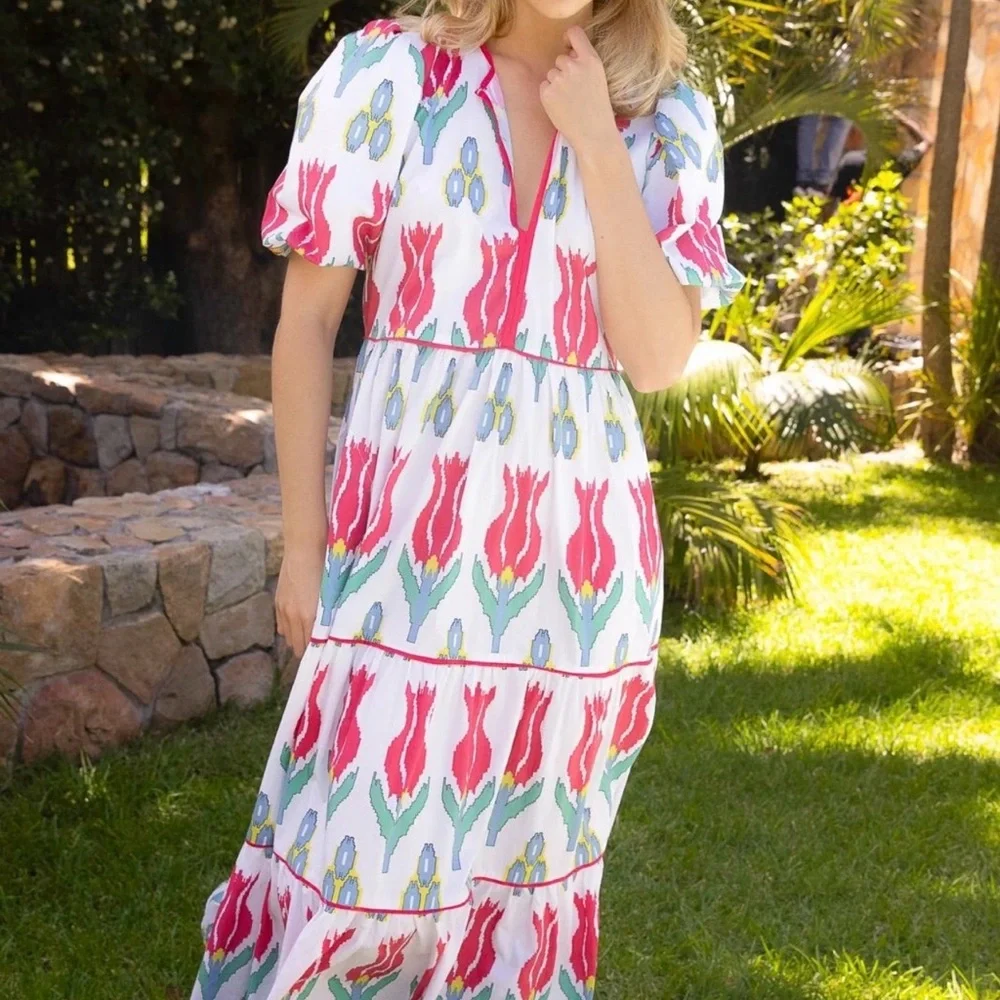 NWT Oliphant Puff Sleeve Maxi in Sumba Red Ikat Floral Cotton Dress XS - Picture 2 of 4